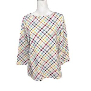 Talbots Petite LP Top 3/4 Sleeve Tee Multicolor Plaid Cotton Blend PL